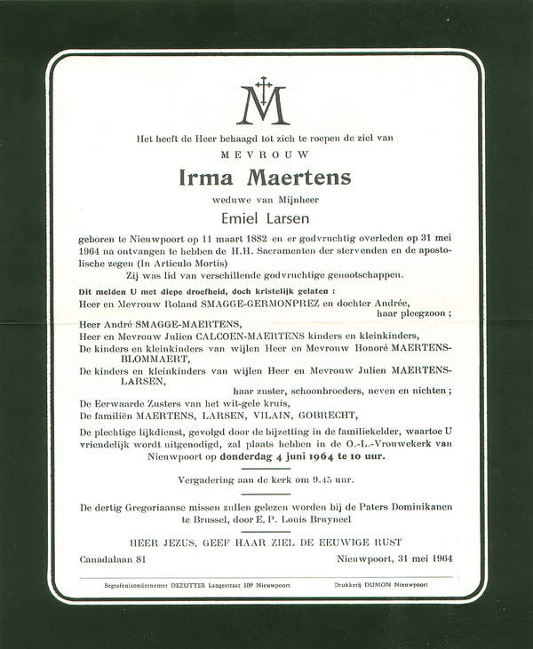 Overlijdensbrief Irma Maertens